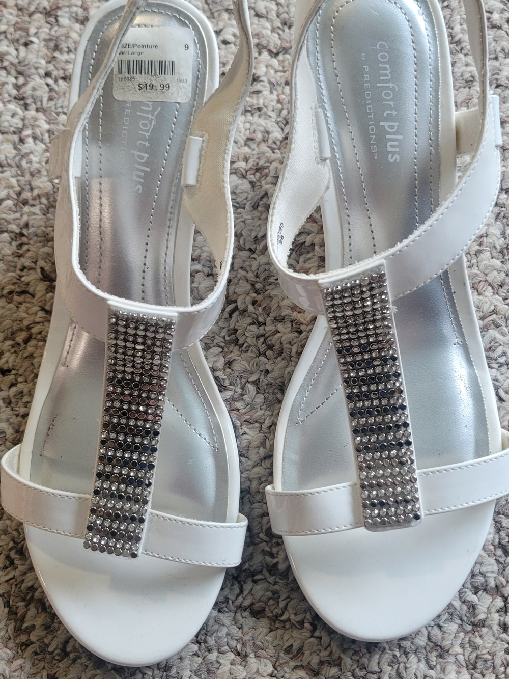 comfort plus by Predictions White T-Strap Rhinestone Slingback Sandals